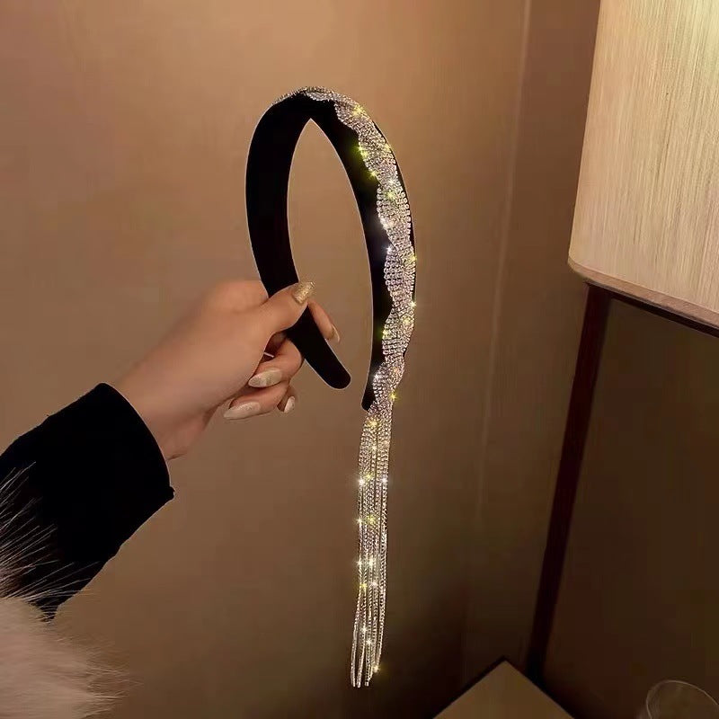 White Fringe Long Strip Shape Rhinestone Headband