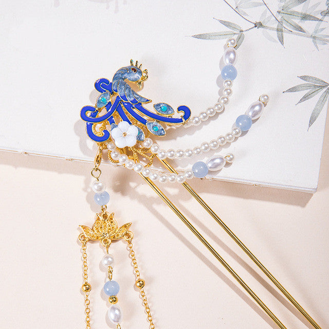 Tassel Peacock Burning Blue Hairpin Set