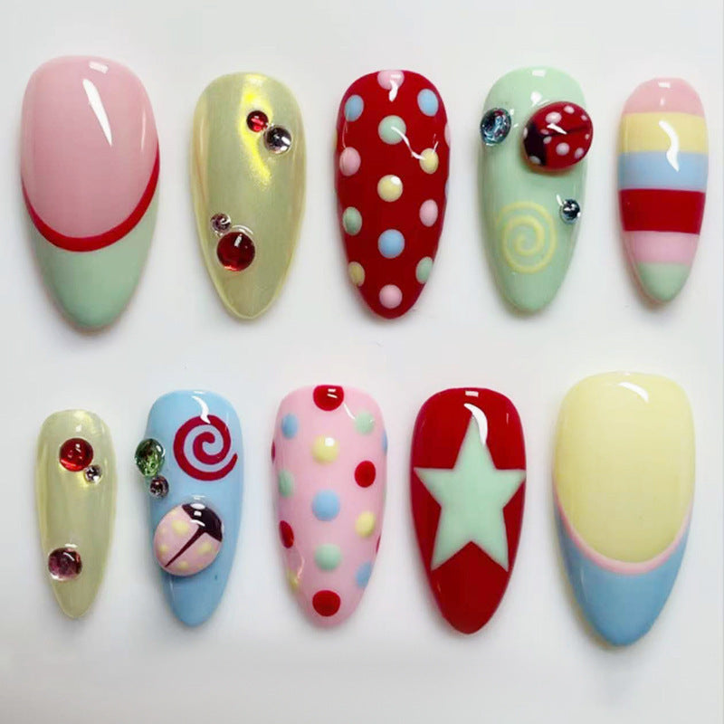 24-piece Almond-shaped Dopamine Ladybug French Polka-dot Nail Tipscute Sweet And Sparkling With Diamonds