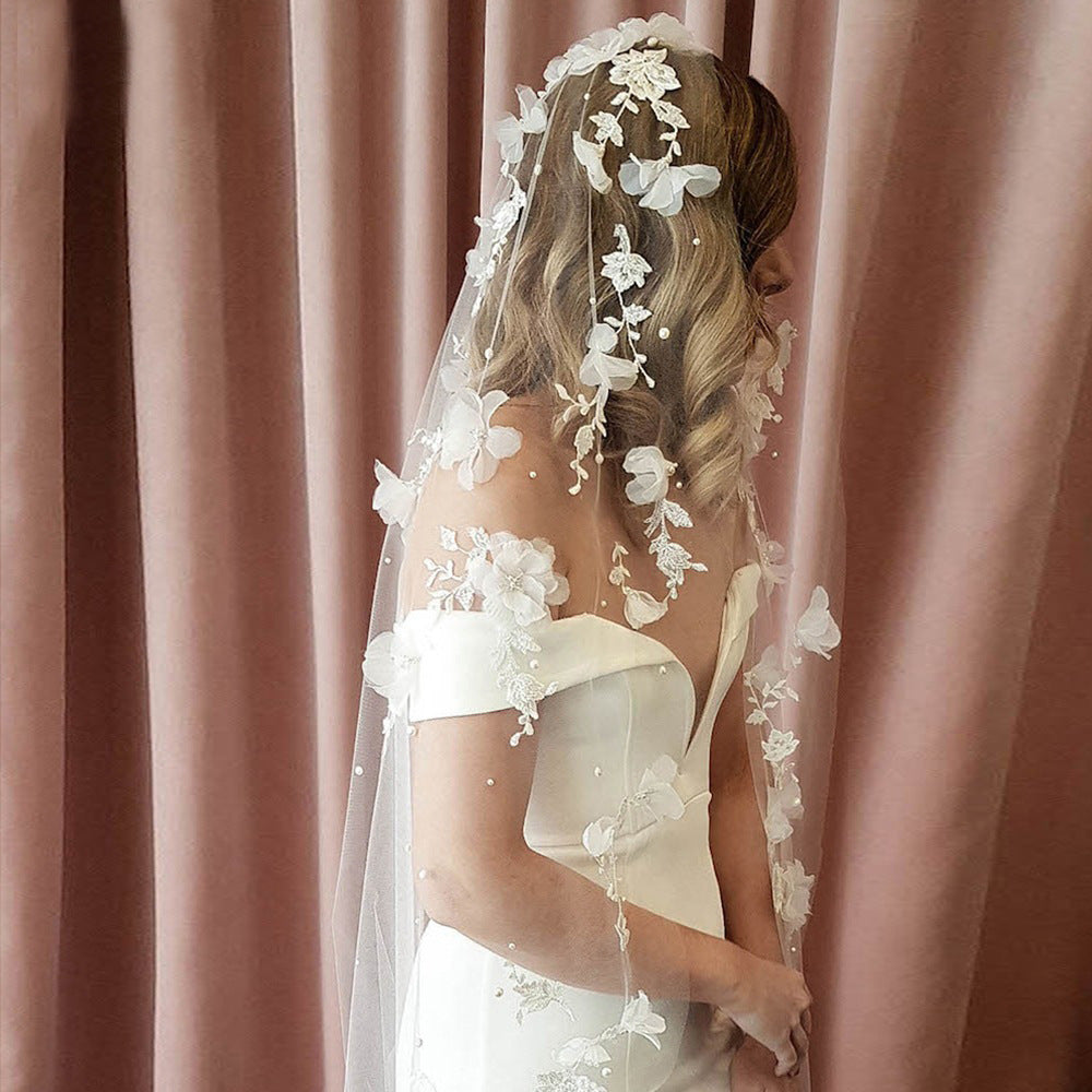 3D Flower Single-layer Nail Bead Medium Long Hand Sewn Hair Comb Bridal Headdress