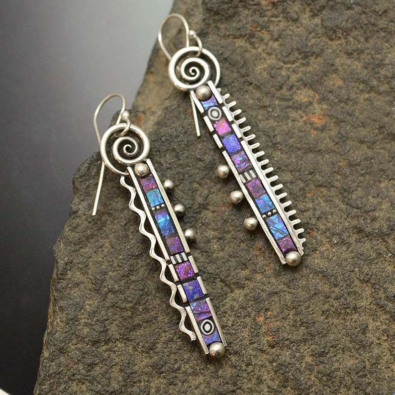 925 Silver-plated Long Comb Tooth Abstract Rainbow Earrings Creative Zigzag Rainbow Purple Blue Earrings