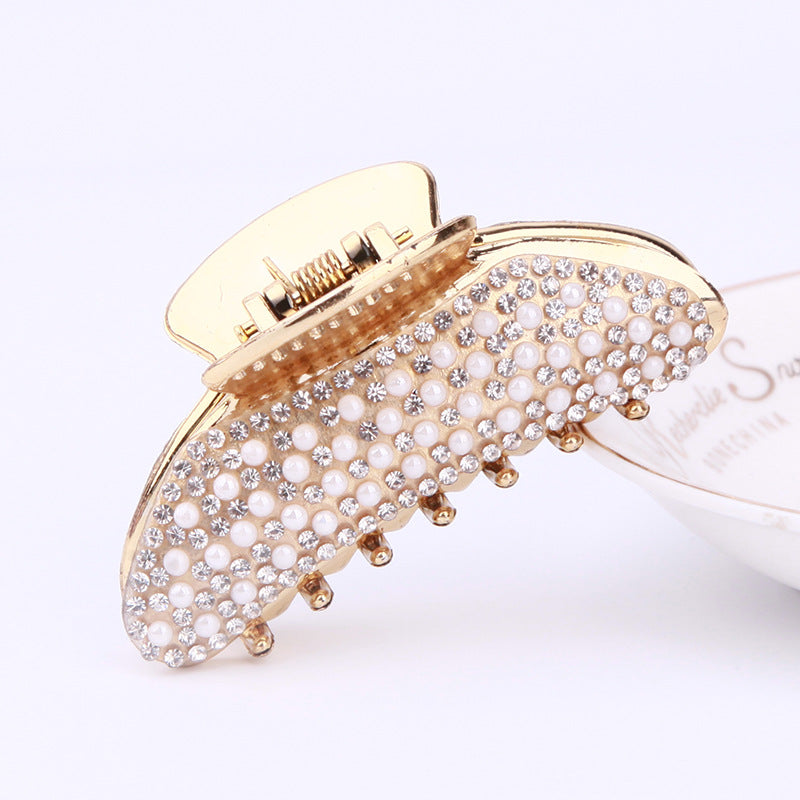 Simple Electroplated Pearl Rhinestone Moon Clip Ingot Claw Medium Plastic Grip