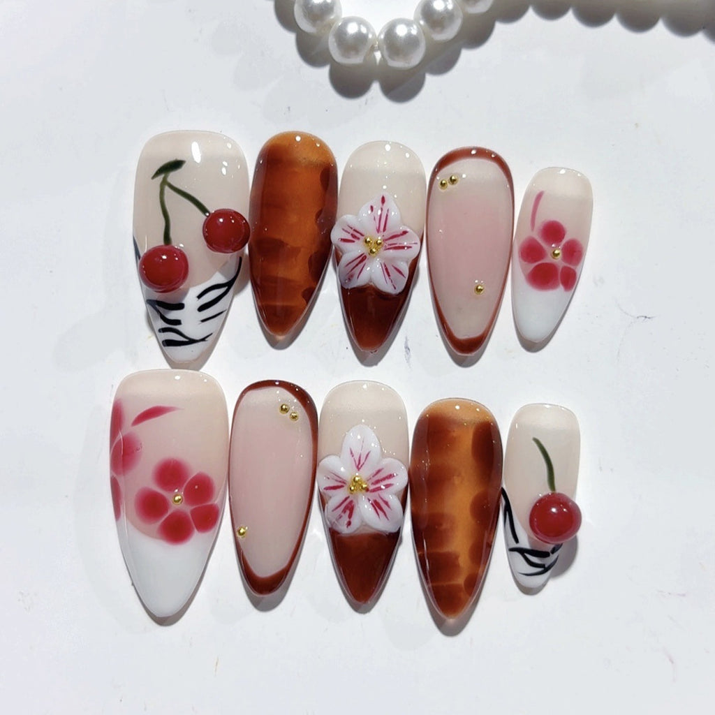 Amber Almond Luxury Press On Nail Three-dimensional Carved Autumn And Winter Painted Cherry
