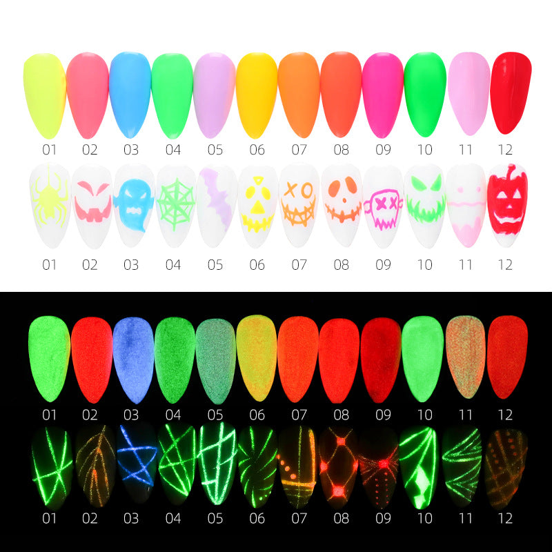 Glow In Dark 12 Color Set Phototherapy 3D Painted Glue Luminous Nail Polish