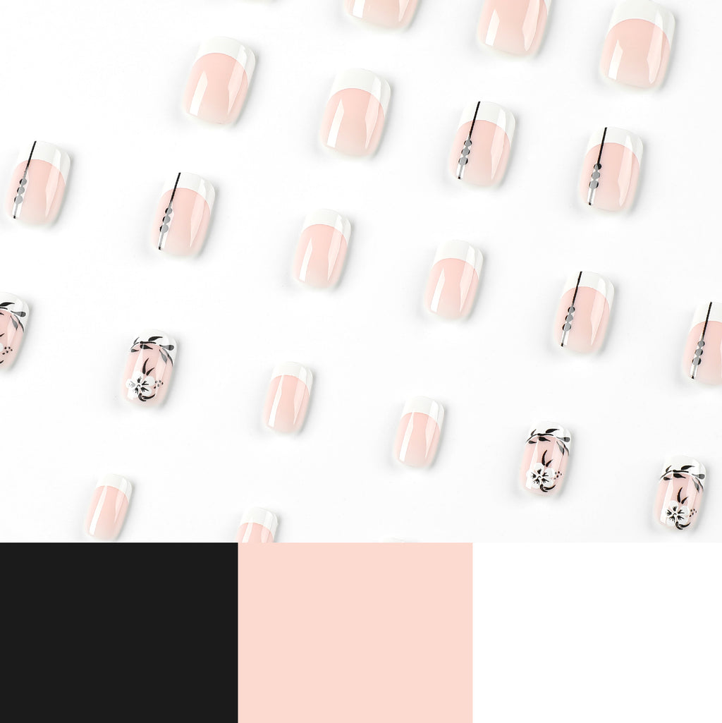 French Flower Black Leaf Short Manicure Wear Nail Tip