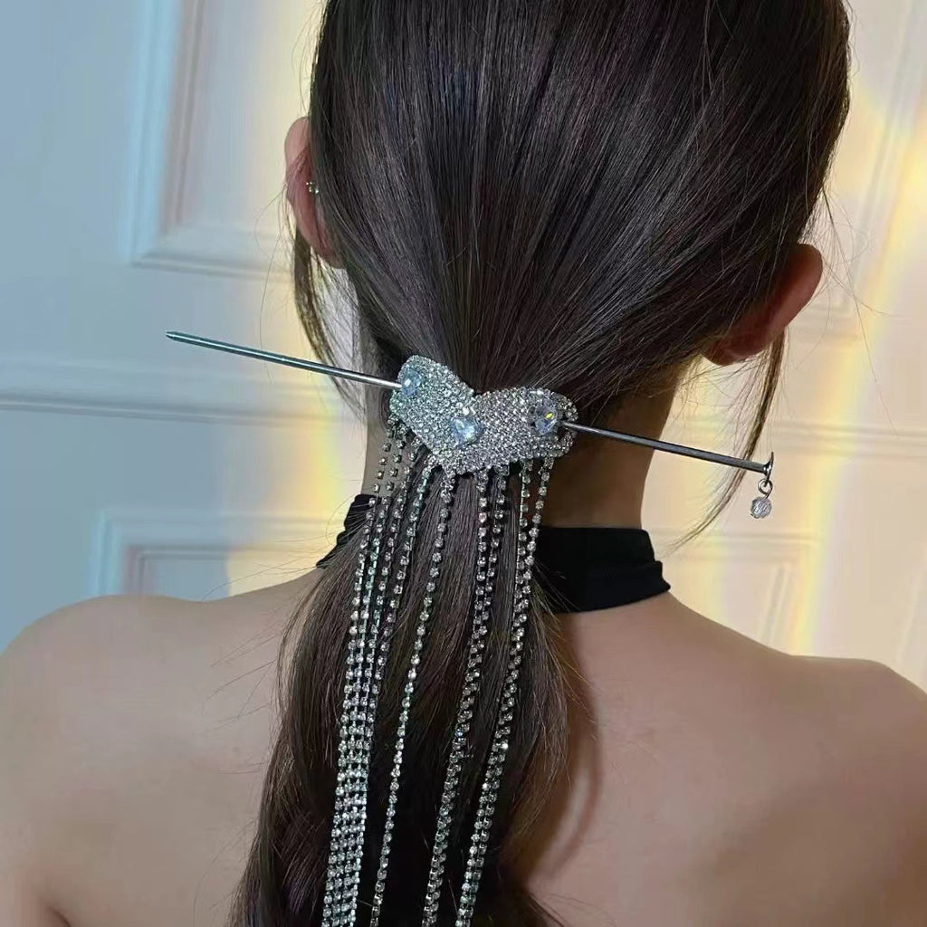 Heart-shaped Niche With Long Tassel Rhinestone Chain Hairpin