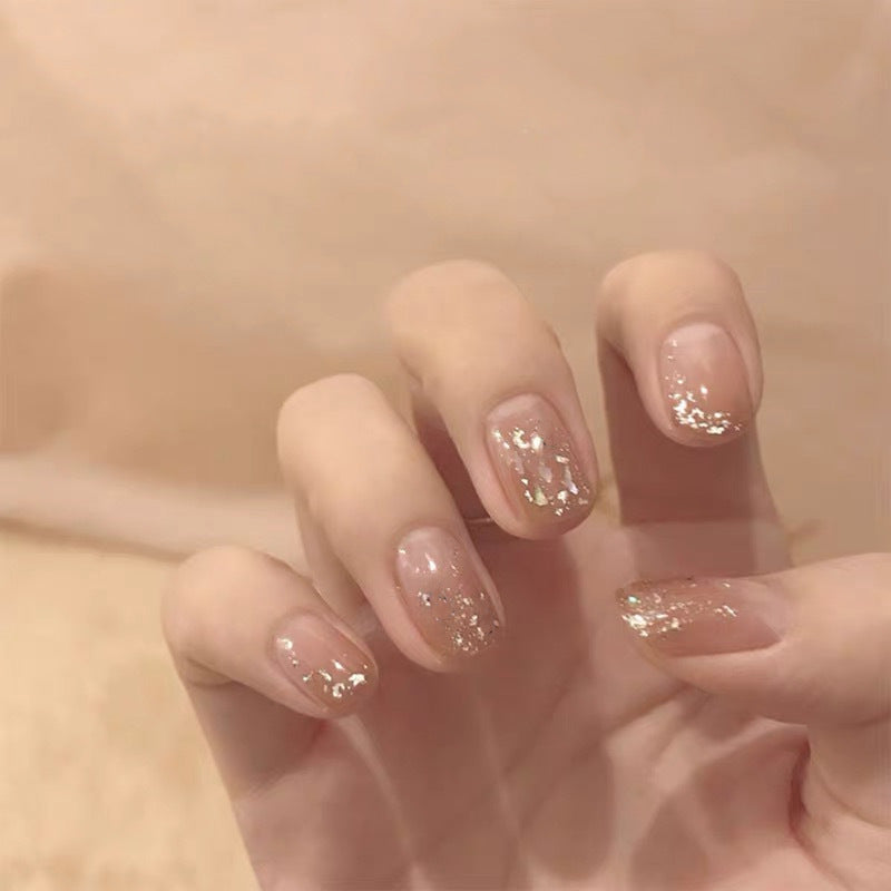 Long Milk Tea Color Gradient Gold Foil Fake Nail Patch Net Red Finished Nail Sticker