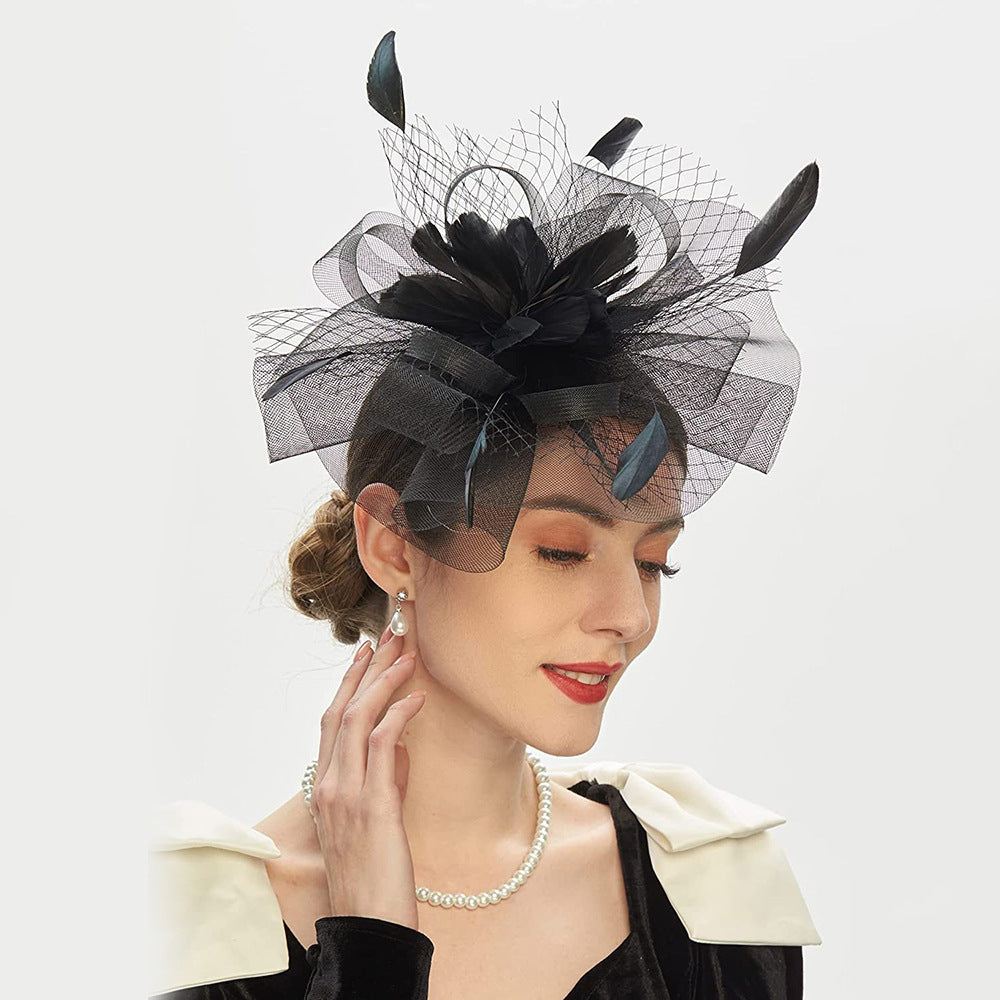 Feather Bride Hair Ornament Mesh Hat Combination Hairpin