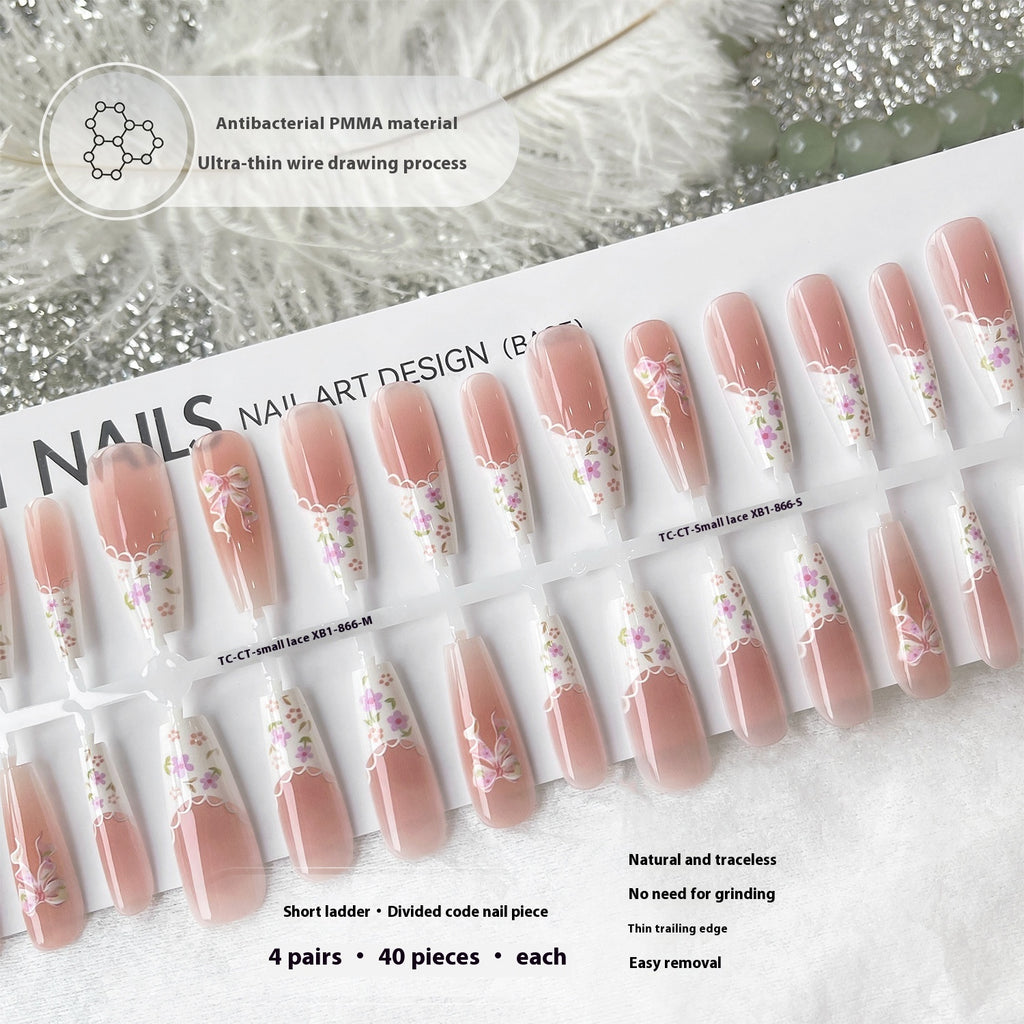 Small Floral Wear Prefabricated Nail Tip Long Ladder Velvet Seal Layer White