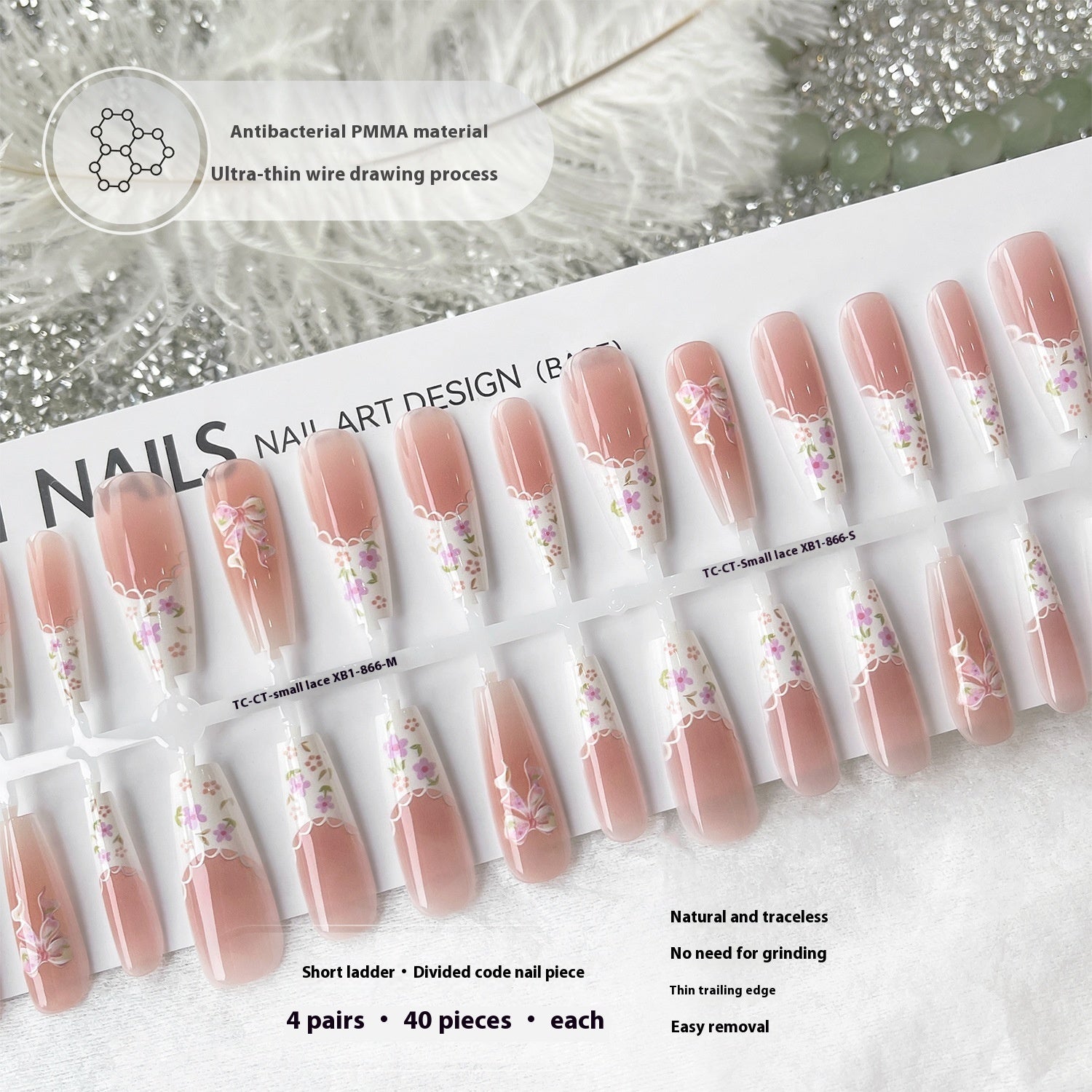 Small Floral Wear Prefabricated Nail Tip Long Ladder Velvet Seal Layer White