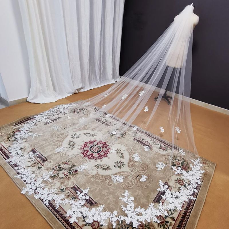 Bridal Wedding Veil Long Cathedral With Comb Embroidery Applique