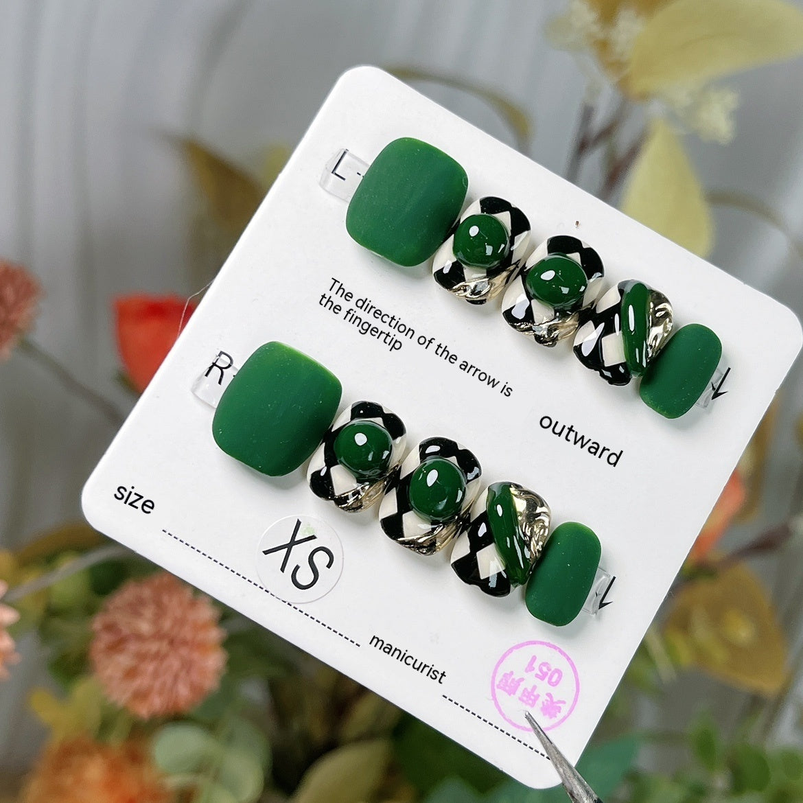 XS Green White Hand-worn Armor Chessboard Grid Dark Green Matte Nail Stickers
