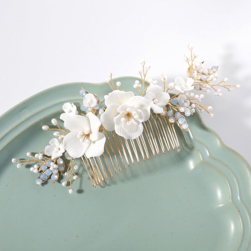 Women's Ceramic Floral Rhinestone Pearl Hair Comb
