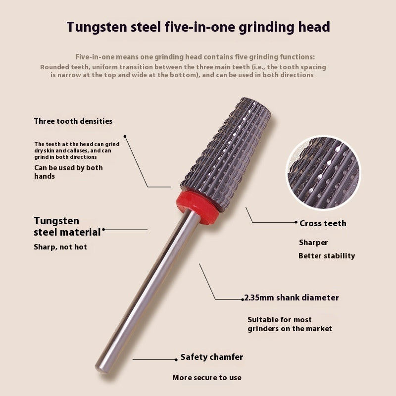 Five-in-one Tungsten Steel Cross Tooth Plating Color Alloy Nail Beauty Polish Removing Modified Peeling Grinding Head