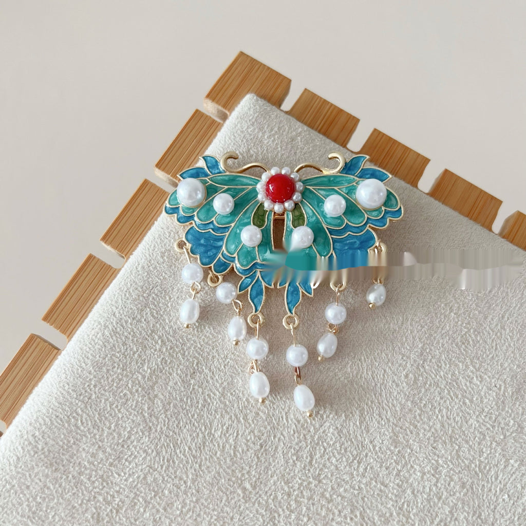 Antique Burning Blue Auspicious Cloud Pearl Butterfly Barrettes Fringed Headwear