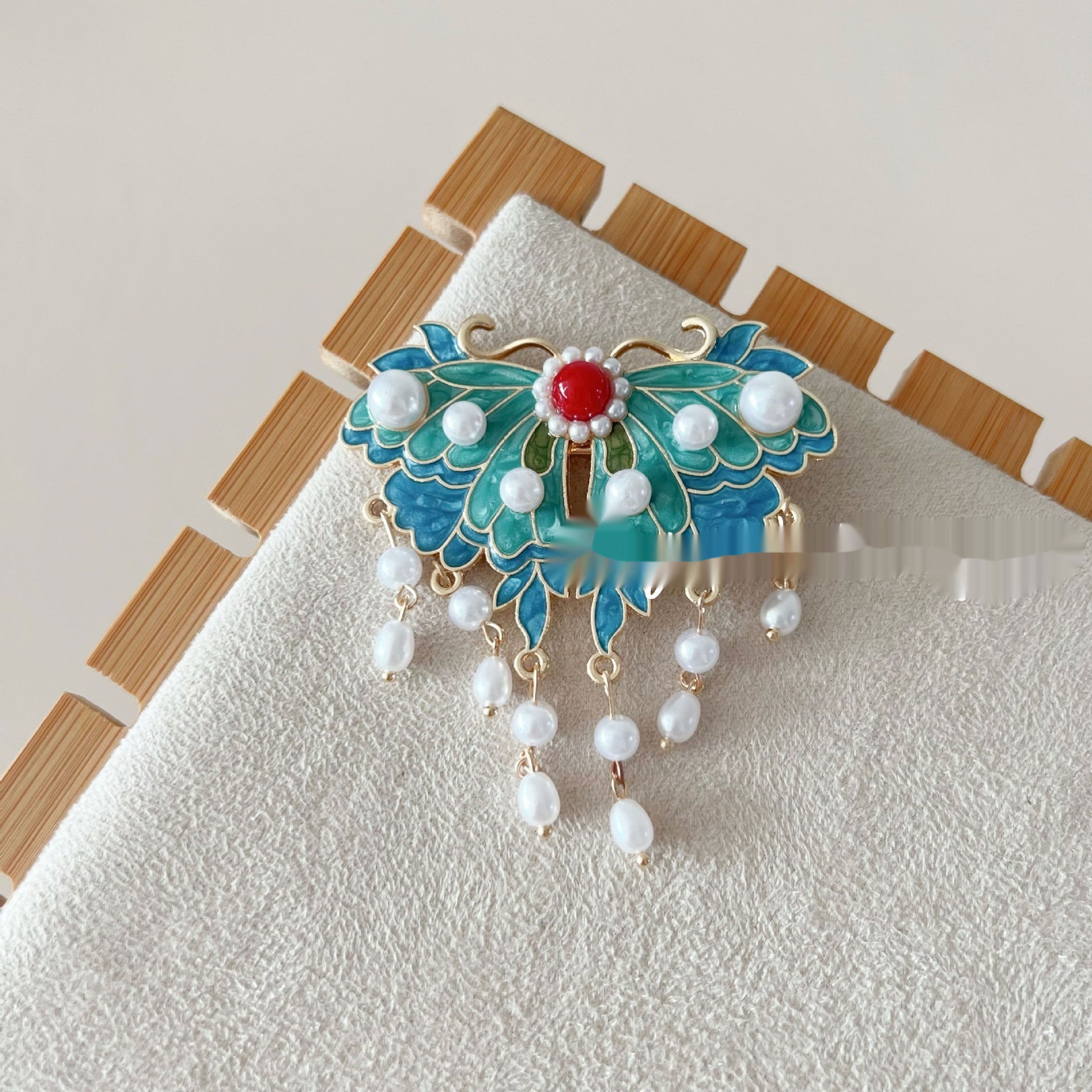 Antique Burning Blue Auspicious Cloud Pearl Butterfly Barrettes Fringed Headwear