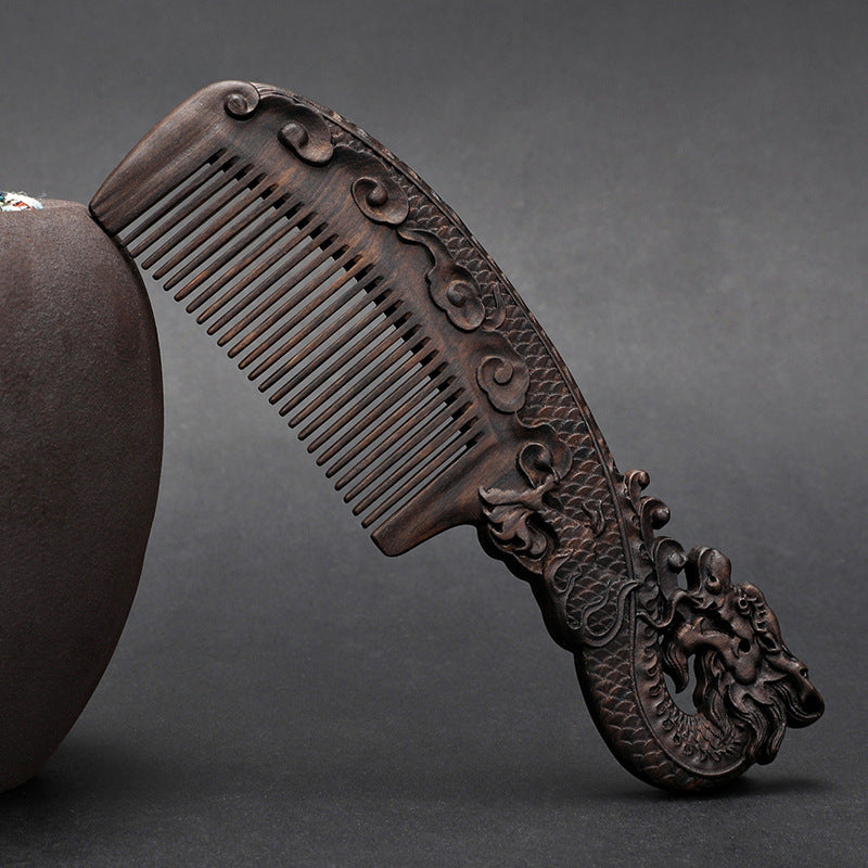 Wooden Ebony With Handle 180 Double-sided Carved Comb