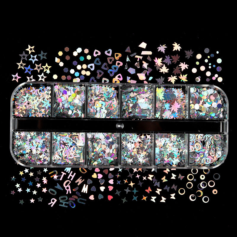New 12-grid Boxed Mixed Color Nail Sequins Laser Maple Leaf Stars Heart DIY Ornament