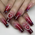 Pearl Heart Wine Red Gradient Wear Fake Nail Tip