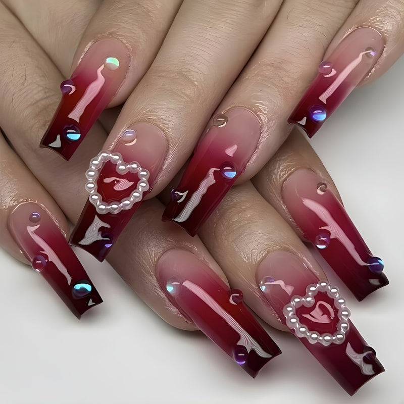 Pearl Heart Wine Red Gradient Wear Fake Nail Tip