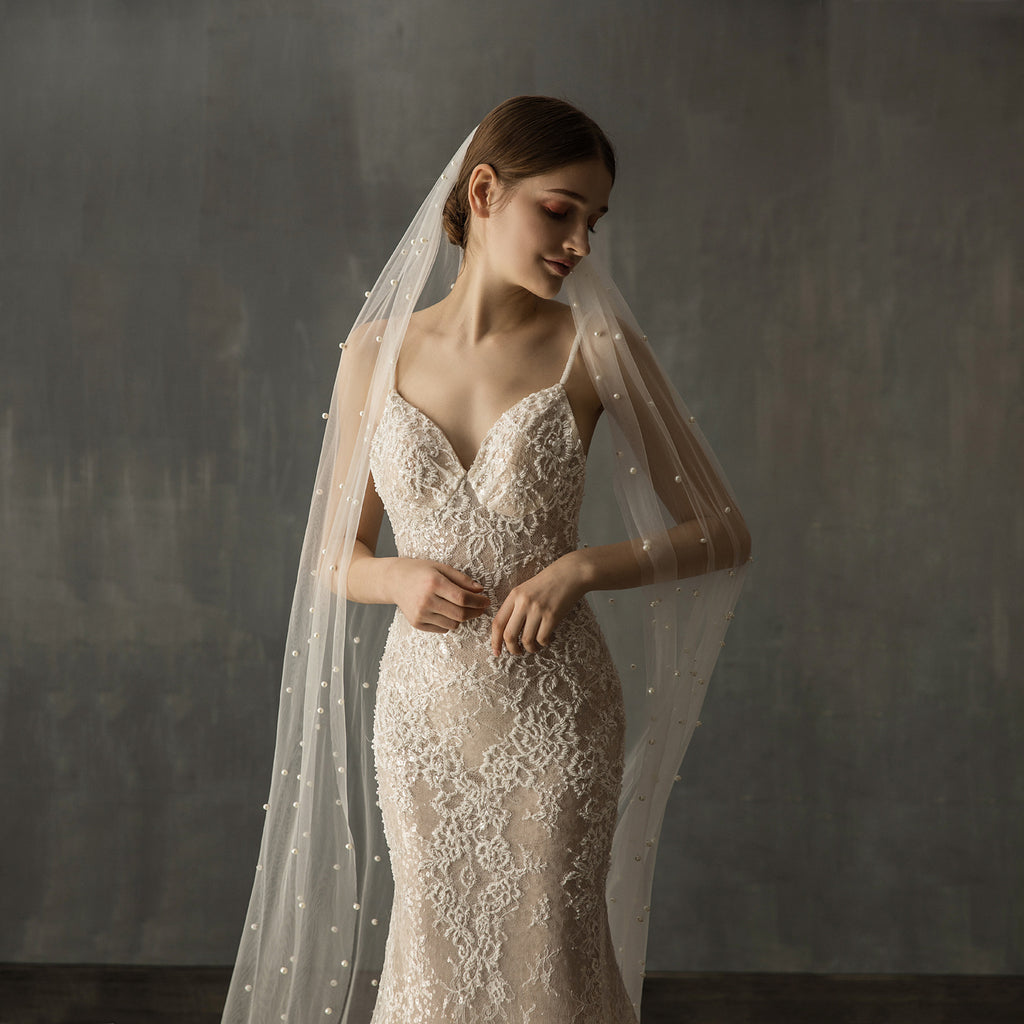 Hand Sewn Hair Comb Pearl Long Tail Soft Yarn Veil