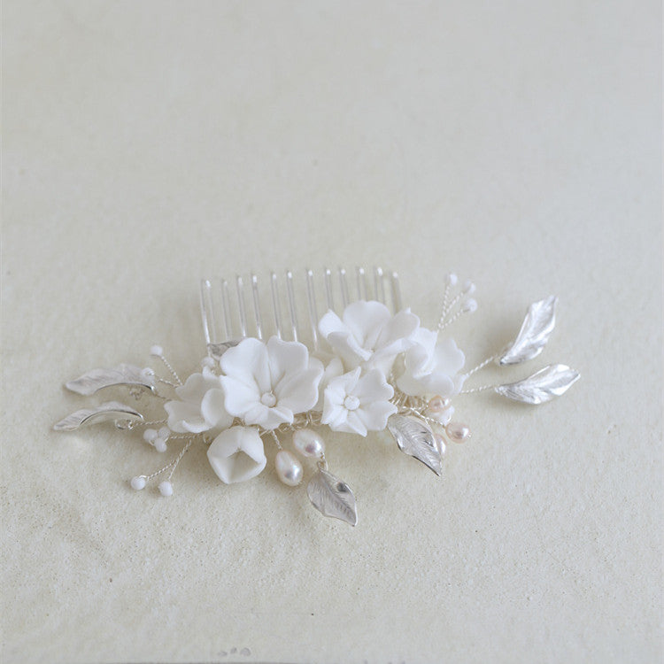 Hard Ceramic Flower Bridal Hair Comb Natural Pearl Handmade Headpiece