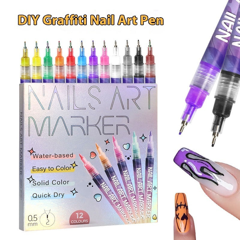 Nails Art Marker Graffiti Pen 12 Colors Acrylic Paint Painted