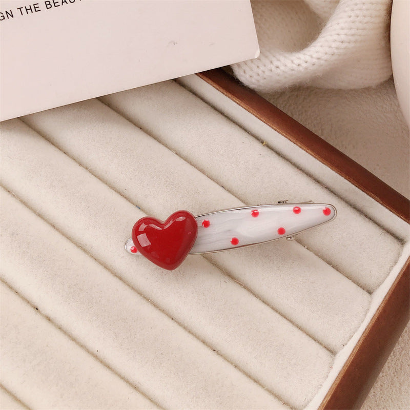 Red Stereo Love Heart-shaped Hairpin French Retro Dots Willow Leaf Clip