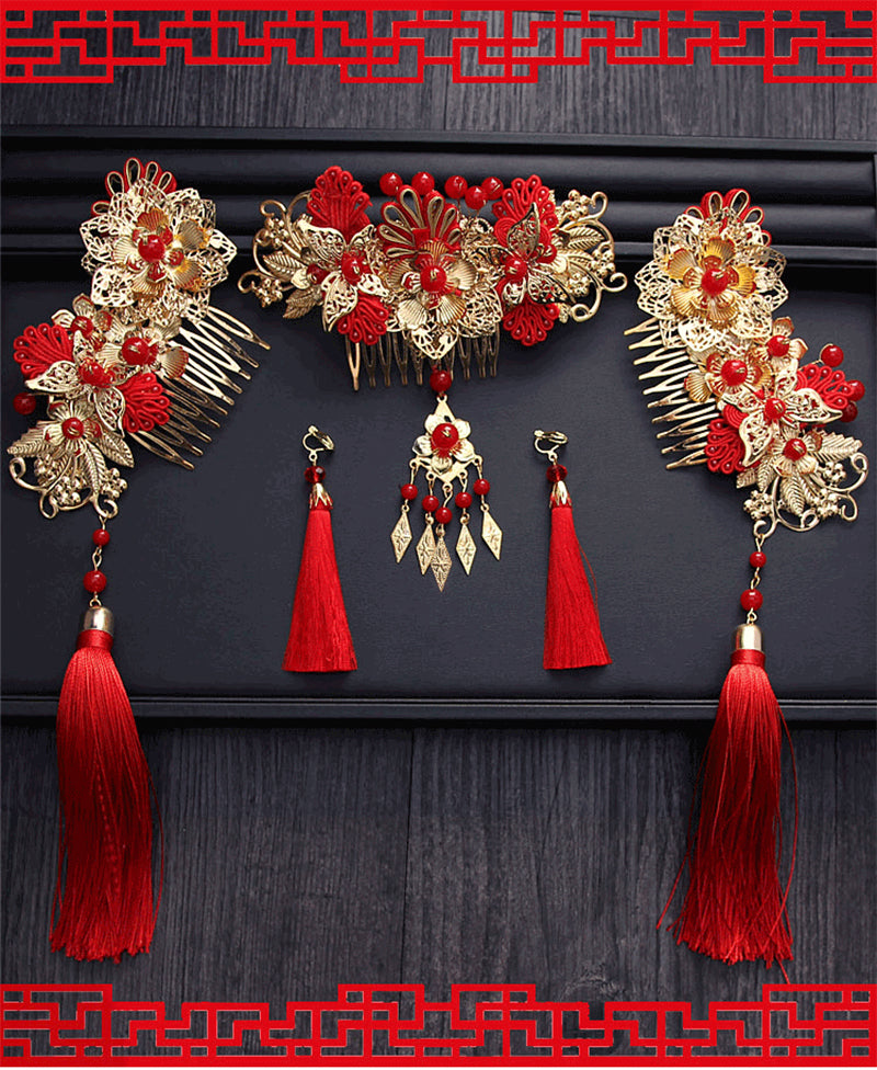 Costume Wedding Chinese Bride Red Tassel Hair Accessories