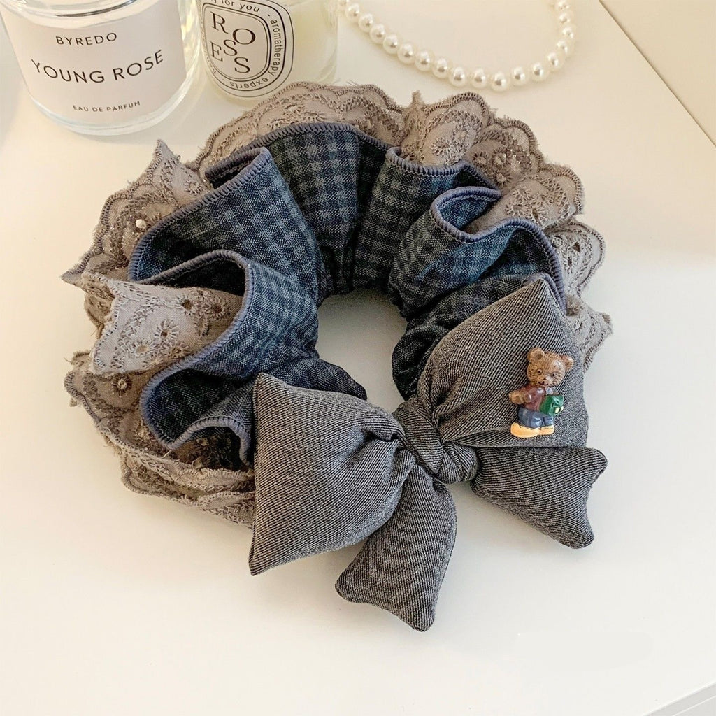 Stylish Gray Lace Plaid Bow Hair Tie For Women
