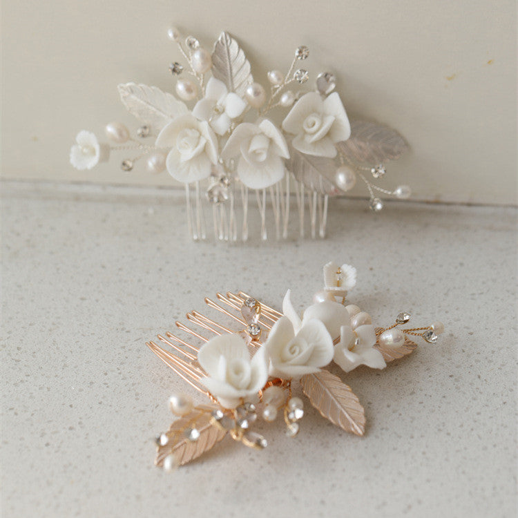 Ceramic Flower Freshwater Pearl Metal Hair Comb Bridal Headpiece