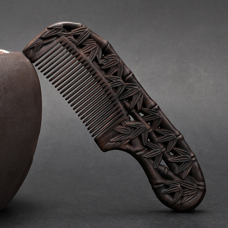 Wooden Ebony With Handle 180 Double-sided Carved Comb