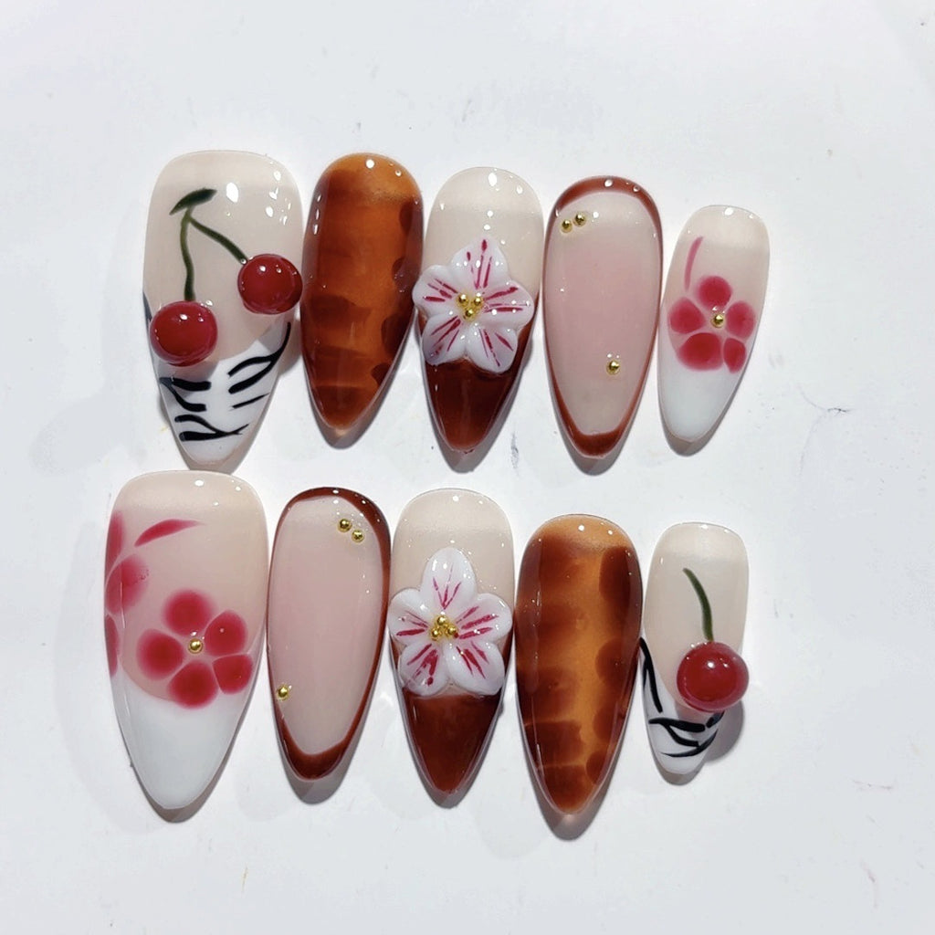 Amber Almond Luxury Press On Nail Three-dimensional Carved Autumn And Winter Painted Cherry
