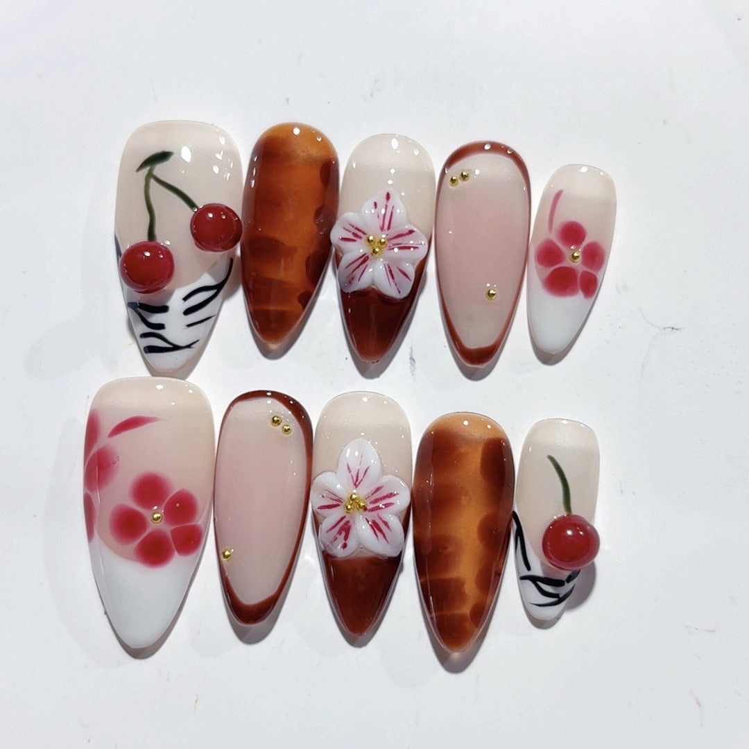 Amber Almond Luxury Press On Nail Three-dimensional Carved Autumn And Winter Painted Cherry