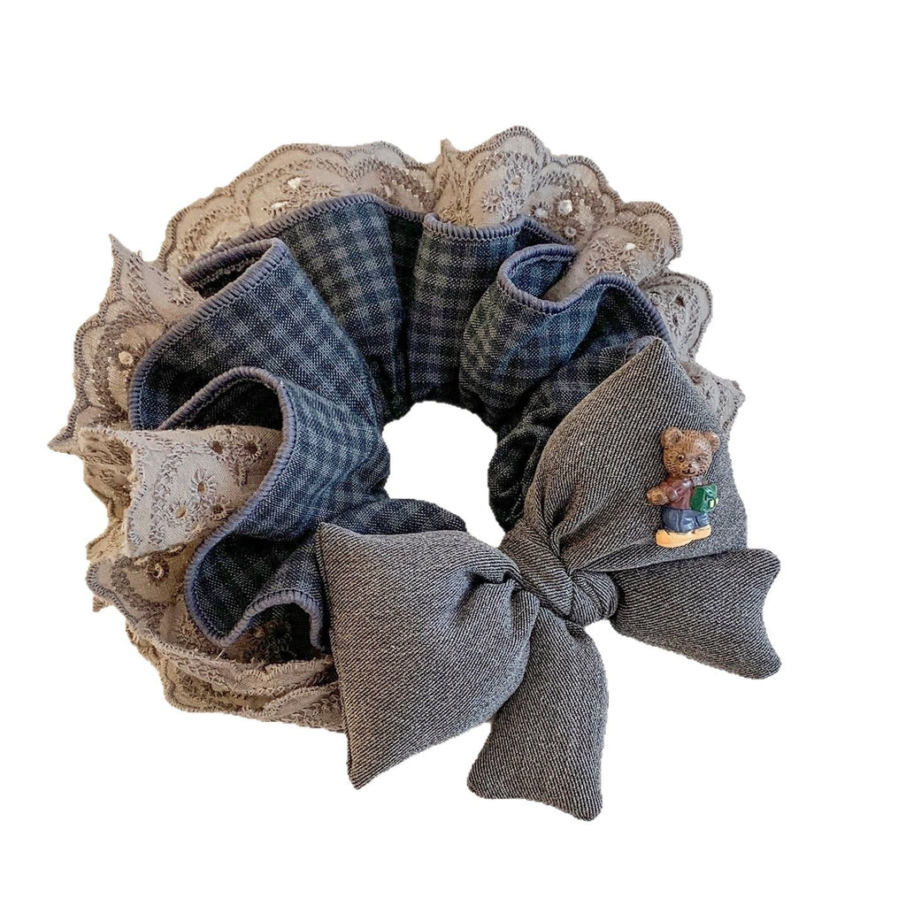 Stylish Gray Lace Plaid Bow Hair Tie For Women
