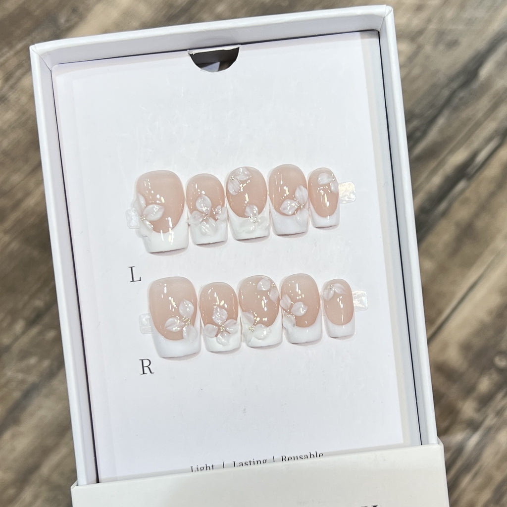 Handcrafted White French Nude Carved Nail Art