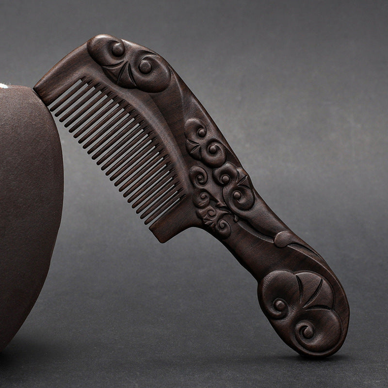 Wooden Ebony With Handle 180 Double-sided Carved Comb