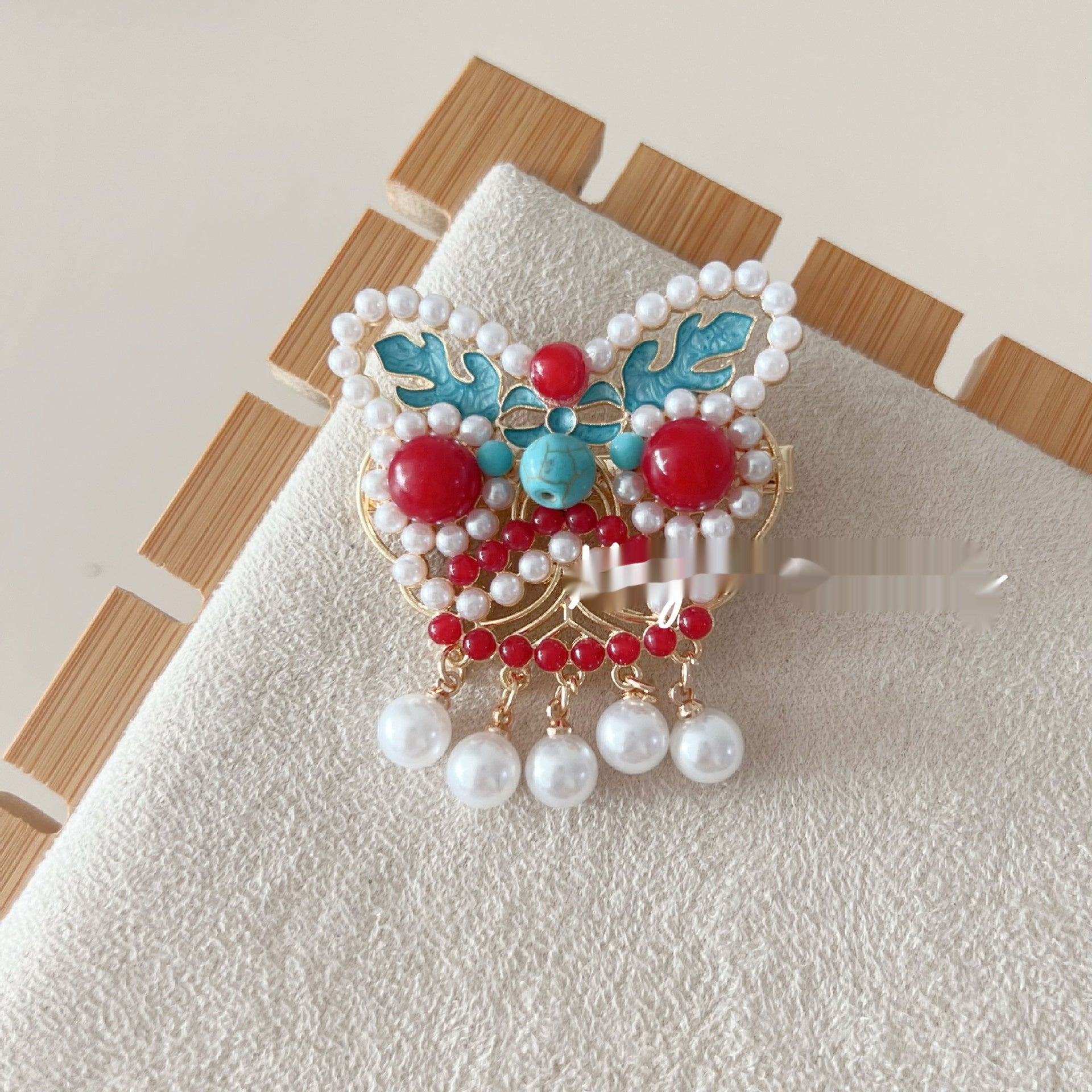 Antique Burning Blue Auspicious Cloud Pearl Butterfly Barrettes Fringed Headwear