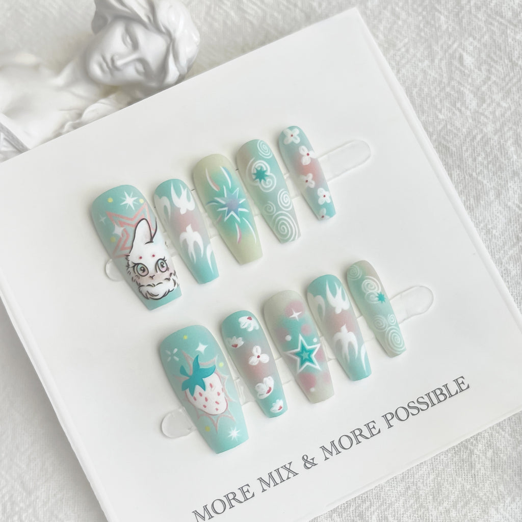 Cartoon Cute Rabbit Planet Middle Ladder Fake Nails Nail Polish