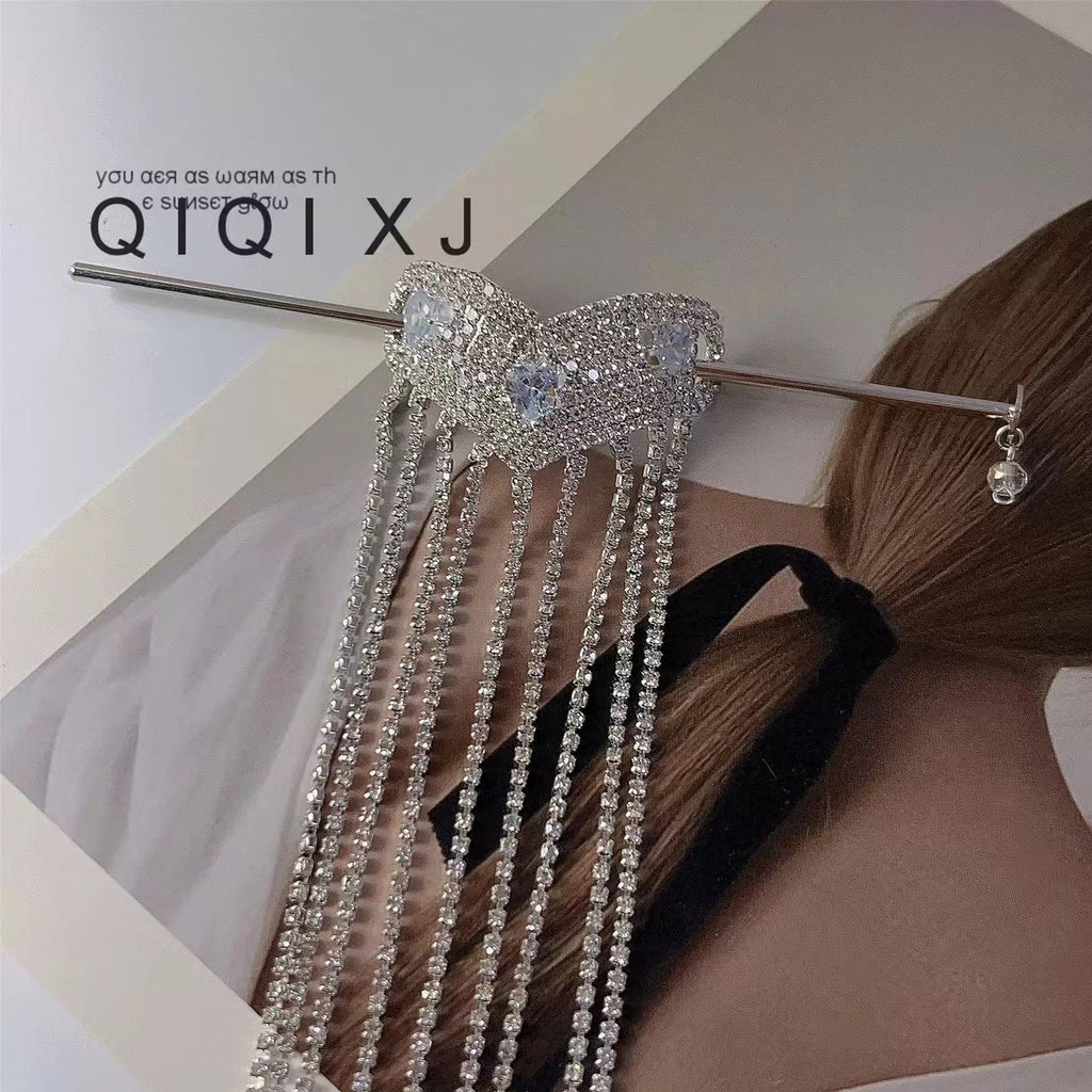 Heart-shaped Niche With Long Tassel Rhinestone Chain Hairpin