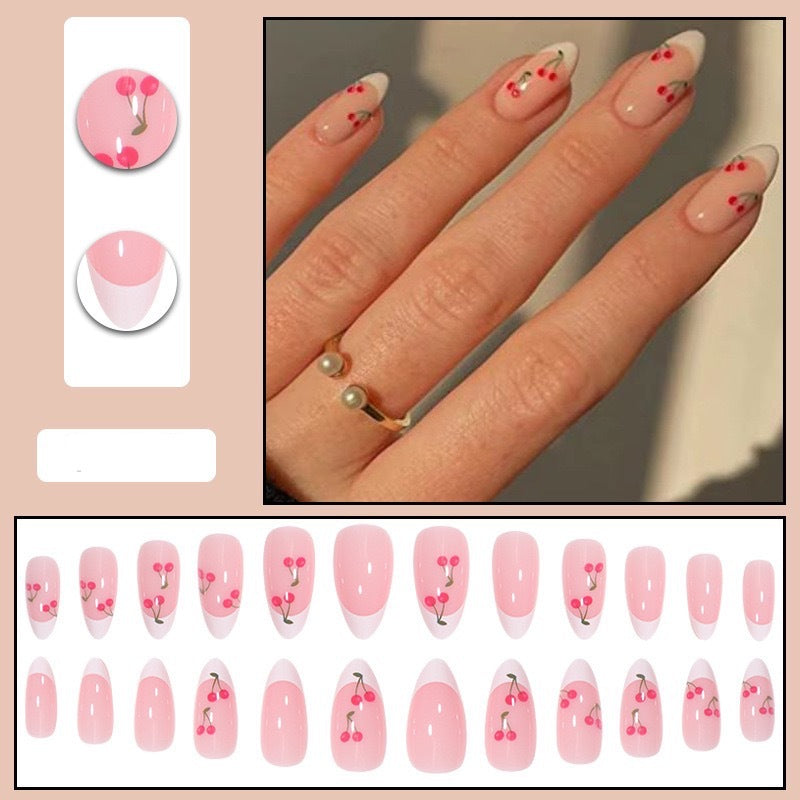 Cherry French Almond-Shape Removable Nail Tips Set Long Lasting Delicate And Girly Style