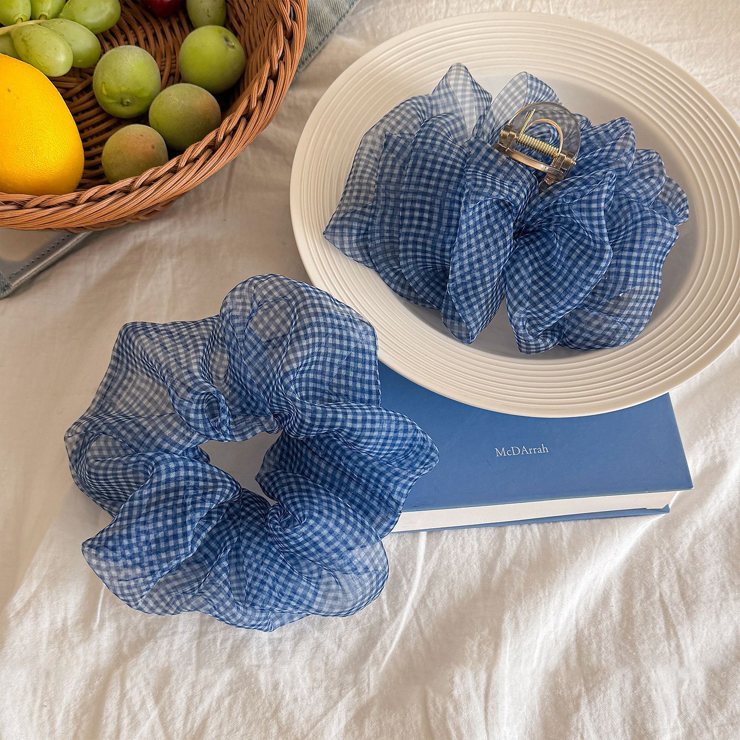 Tibetan Blue Grid Seersucker Back Head Shark Clip Fashion Hairpin