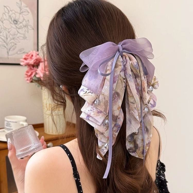 Purple Mesh Chiffon Floral Grip Half Tie
