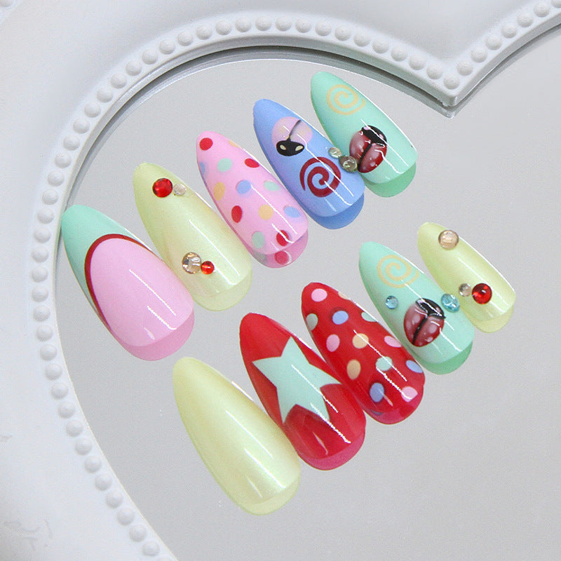 24-piece Almond-shaped Dopamine Ladybug French Polka-dot Nail Tipscute Sweet And Sparkling With Diamonds