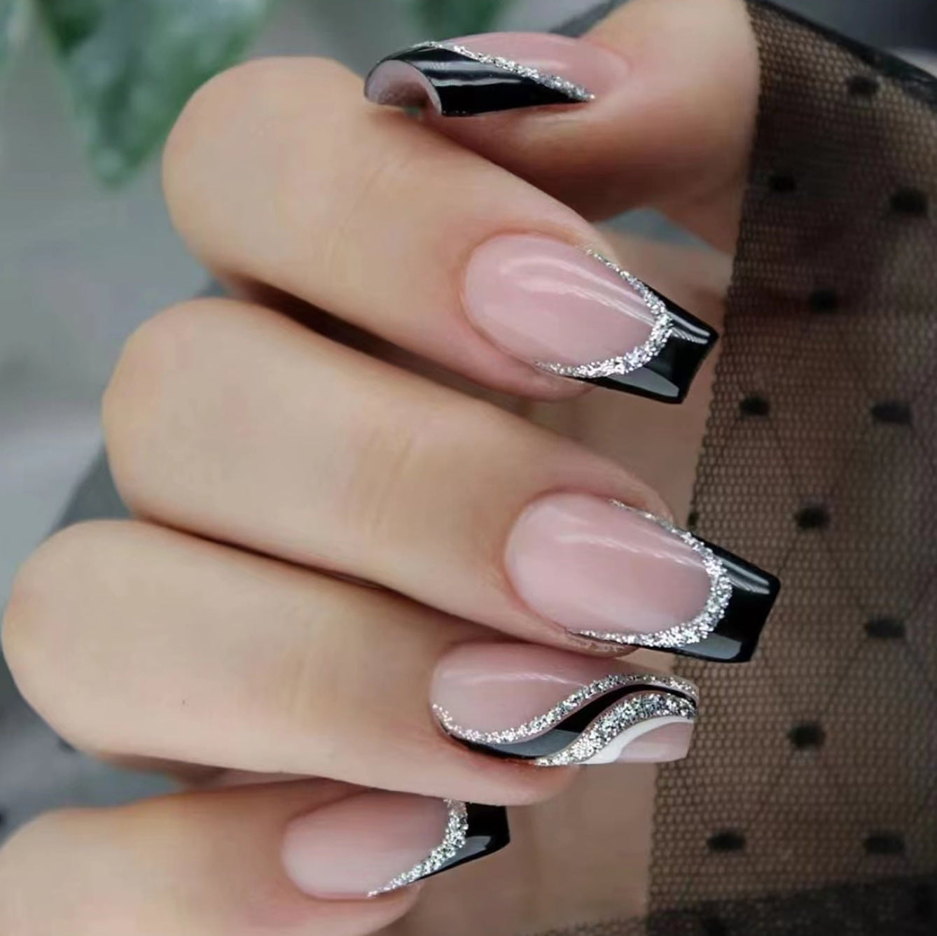 Long Square Black Glitter Lines Nail Art Sticker