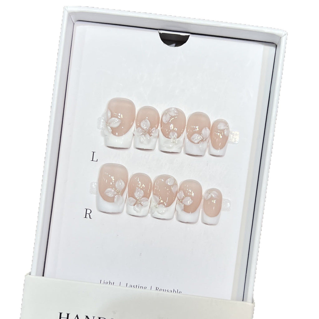 Handcrafted White French Nude Carved Nail Art