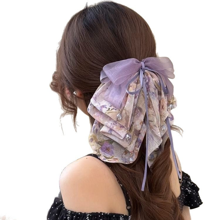 Purple Mesh Chiffon Floral Grip Half Tie
