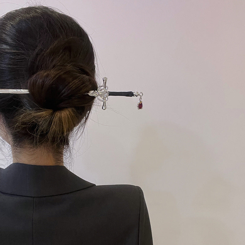 Chinese Punk Ruby Pendant Sword Hairpin Simple Modern Headdress Internet Celebrity High-end Back Head Updo Hair Accessories
