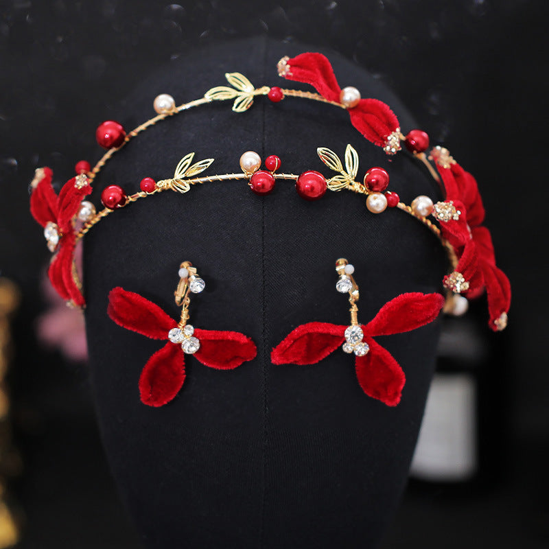 Red Hair Pin Flower Hair Clips Earrings Set Women Headdress