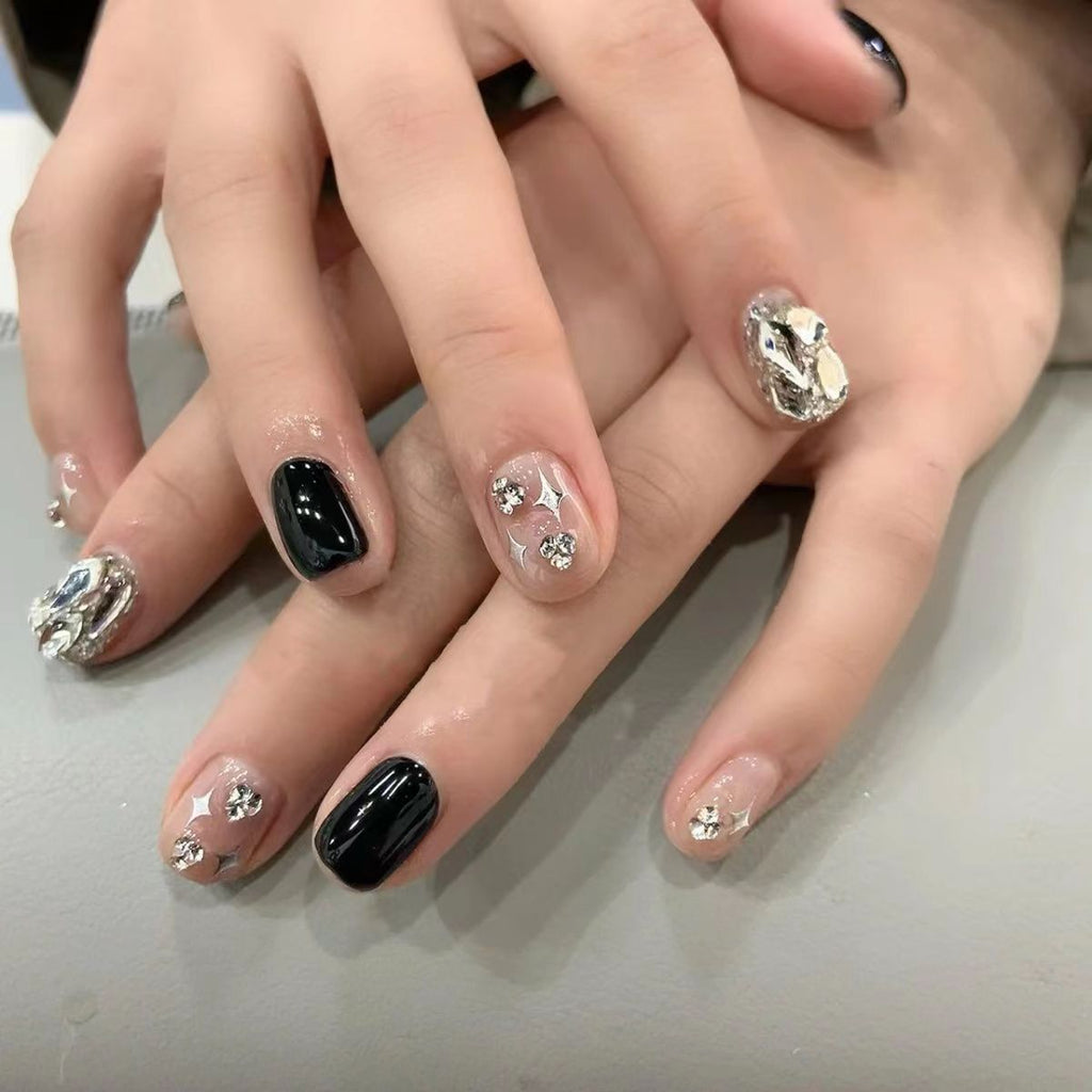 Handmade Phototherapy Wear Armor Dark Black Rhinestone Nail Stickers